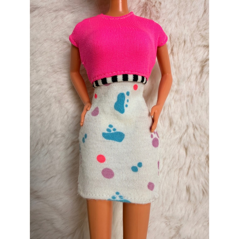 Vintage Genuine Barbie Doll Outfit Pink Paw Print Dress & Neon Crop Top Set